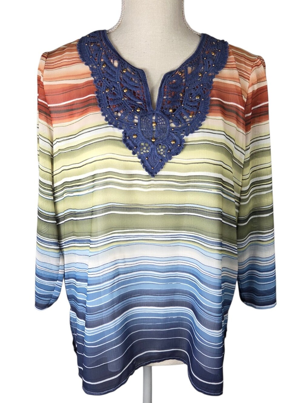 Alfred Dunner Top 8P Red, Blue, Green Striped -Quarter Sleeve -Embroidered VNeck